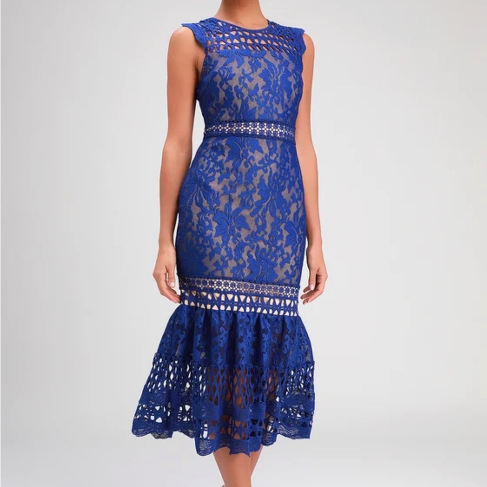 Lulu’s Charlee Royal Blue Lace Sleeveless Midi Dress NWT
